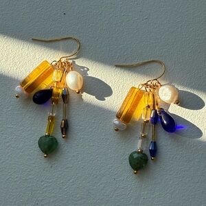 Gold and blue beaded dangle earrings with natural stones and pearls